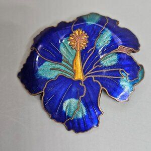 Two Sisters Cloisonne Enamel Brooch Pin Cobalt Blue Hibiscus Flower Vintage